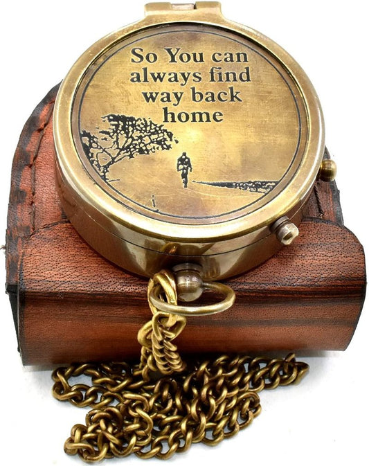 Engraved Brass Pocket Compass with Leather Case – “So You Can Always Find Your Way Back Home” – Vintage Compass for Hiking, Camping, Travel – 2x2x1 Inch