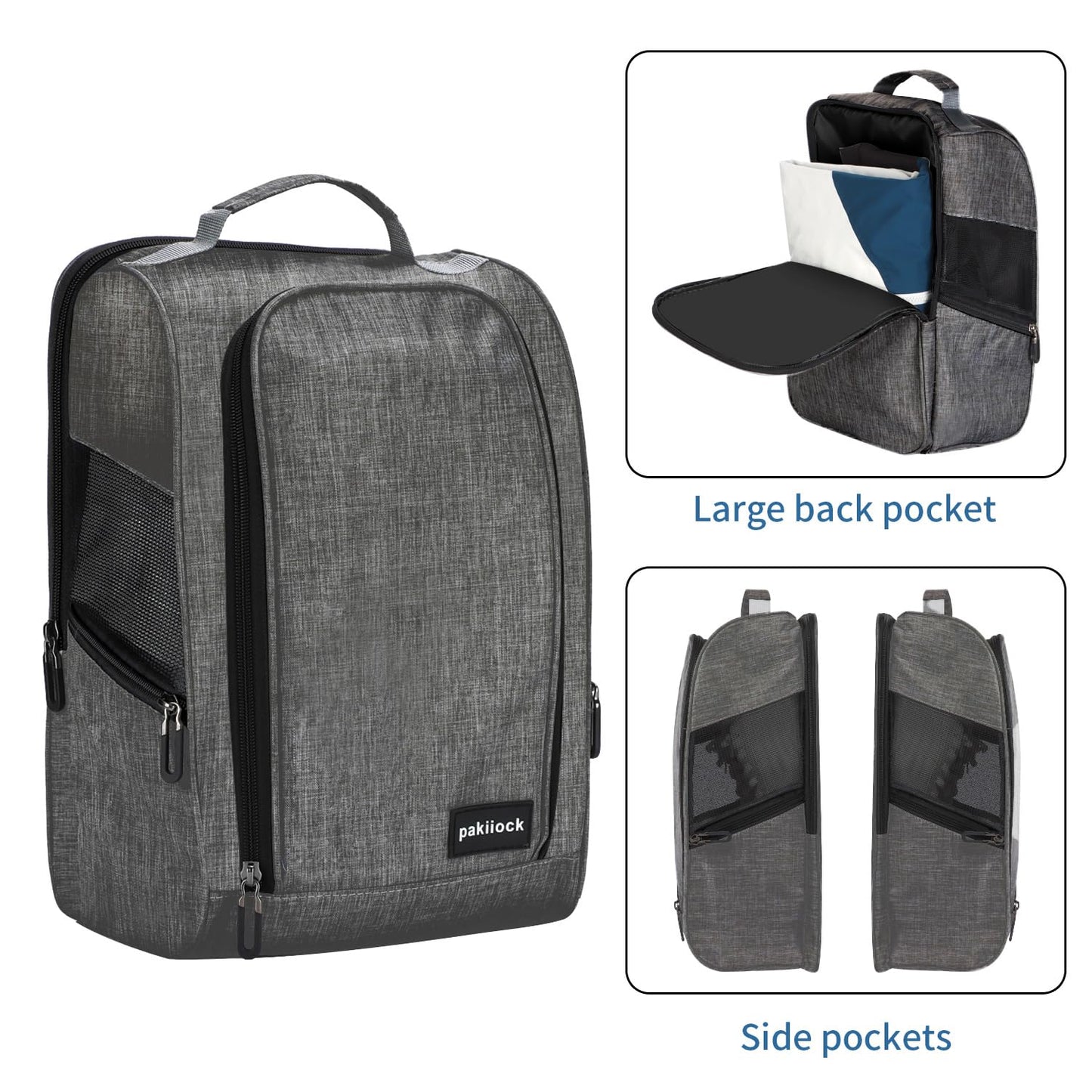Pakiiock Golf Shoe Bag Zippered travel sport shoe bags With Mesh Ventilation, large back pocket and side pocket for men women black