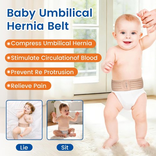 Willcom Umbilical Hernia Belt Baby, Belly Button Band Infant Belly Wrap Truss Abdominal Binder - with 3 Different Shaped Compression Pads for Newborn, Infant, Children, Toddler (Khaki-Reg)