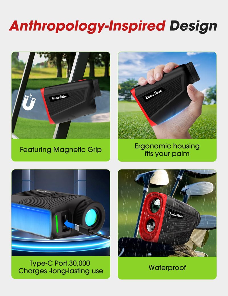 BirdiePulse Golf Rangefinder with Slope & Magnet，1300 Yards Range Finder for Golf，Flag Locking Vibration，6-6.5X Magnification & HD LCD，Rechargeable Golf Range Finder，Black