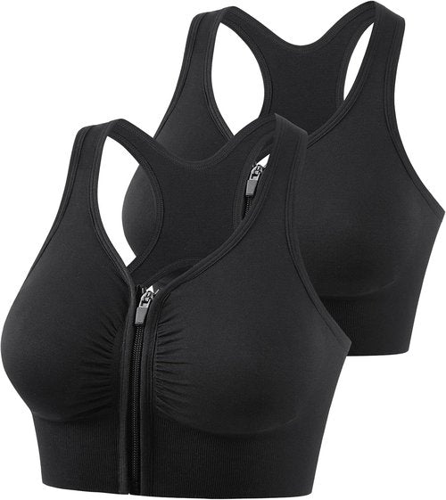 Fapreit Women's Sports Bra - Seamless Wire-Free Zip Front Closure for Post-Surgery Comfort | Padded Racerback Design