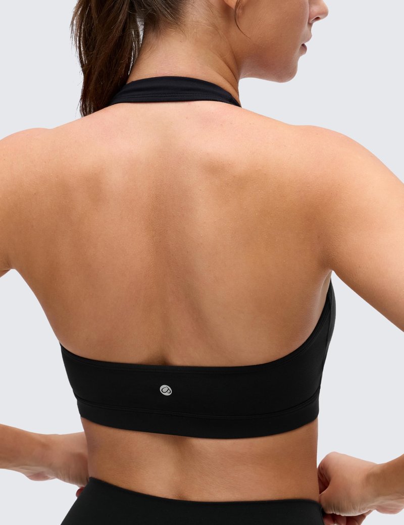CRZ YOGA Butterluxe Halter Sports Bras for Women - Scoop Neck Padded Open Back Yoga Crop Gym Tops Low Impact Black Small