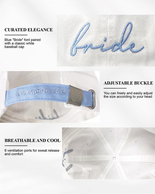 GroomBrideGifts Bride Hat - White Baseball Cap with Blue Embroidery, Bridal Shower Gifts for Bride to Be, Engagement Gift for Her Wedding Day
