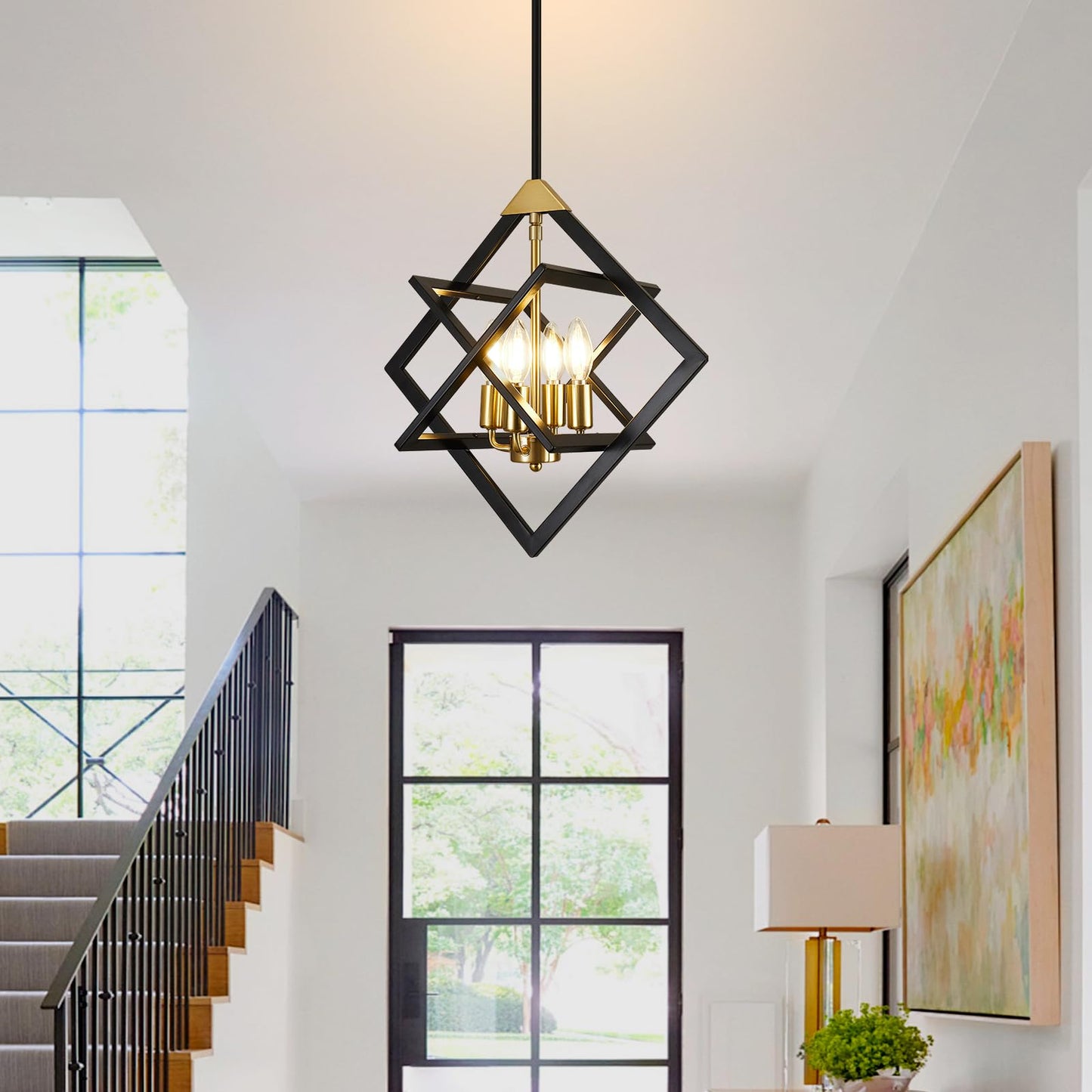 18" Farmhouse Chandelier, 4-Light Geometric Ceiling Dining Room Fixture, Modern Industrial Foyer Lighting Fixtures, Black and Gold Hanging Pendant Lights for Bedroom, Kitchen Island, Hallway, Entryway