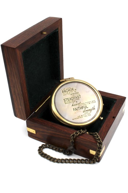 US HANDICRAFTS I Am Your Anchor, Faithful, Strength Engraved Brass Compass | Portable Sentimental Son Birthday, Graduation, Confirmation, & Baptism Gift with Wooden Box and & Chain