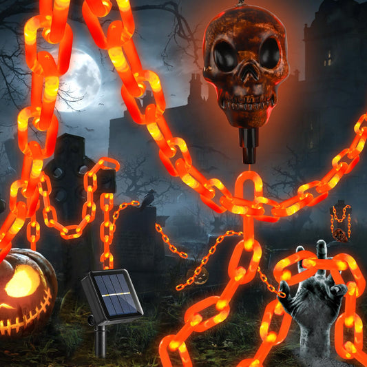X-GiftKey Halloween Decorations Outdoor Solar Skull Chain Lights,Light up Scary Skull with Orange Props Chain,for Skeleton Dog,8 Modes Lighted Halloween String Lights for Yard/Patio,Creepy Party Decor
