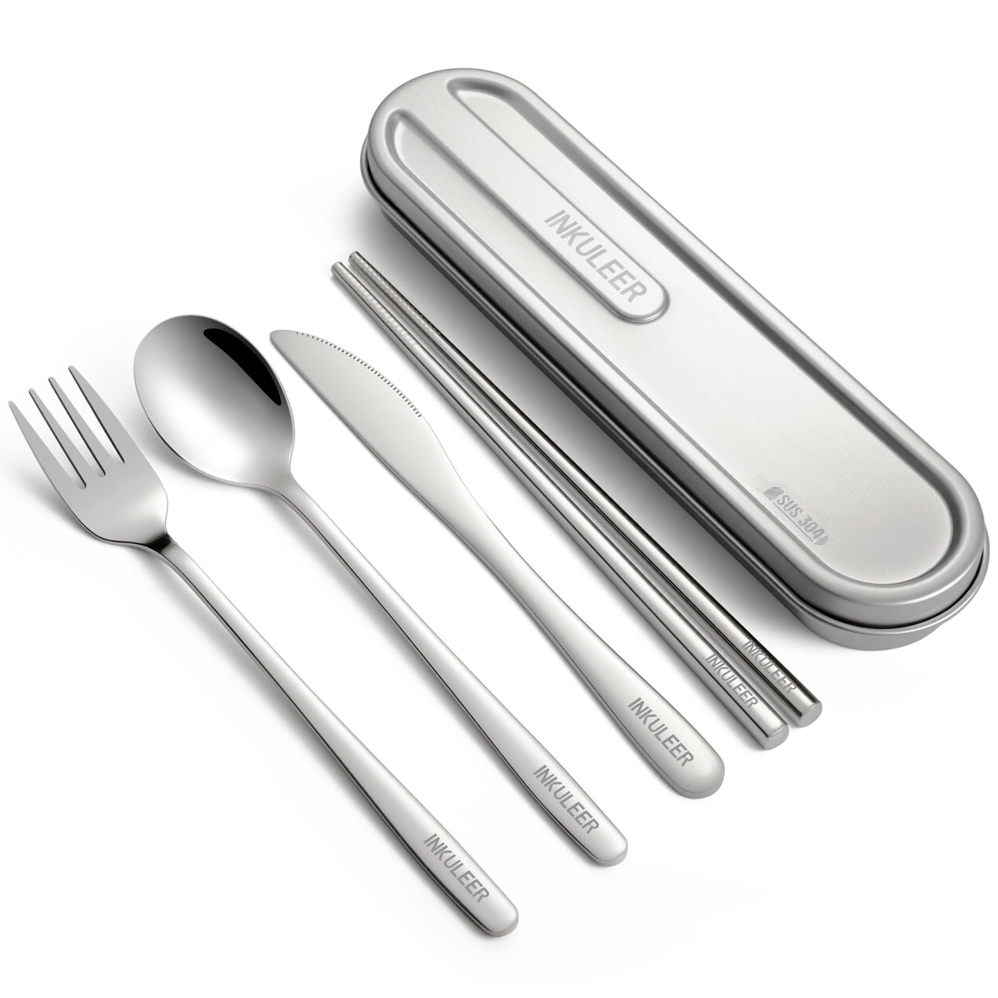 iNKULEER Travel cutlery set, 18/8 stainless steel cutlery, Reusable utensils set with case, Portable Silverware Lunch Box for Camping and Office-Stainless steel