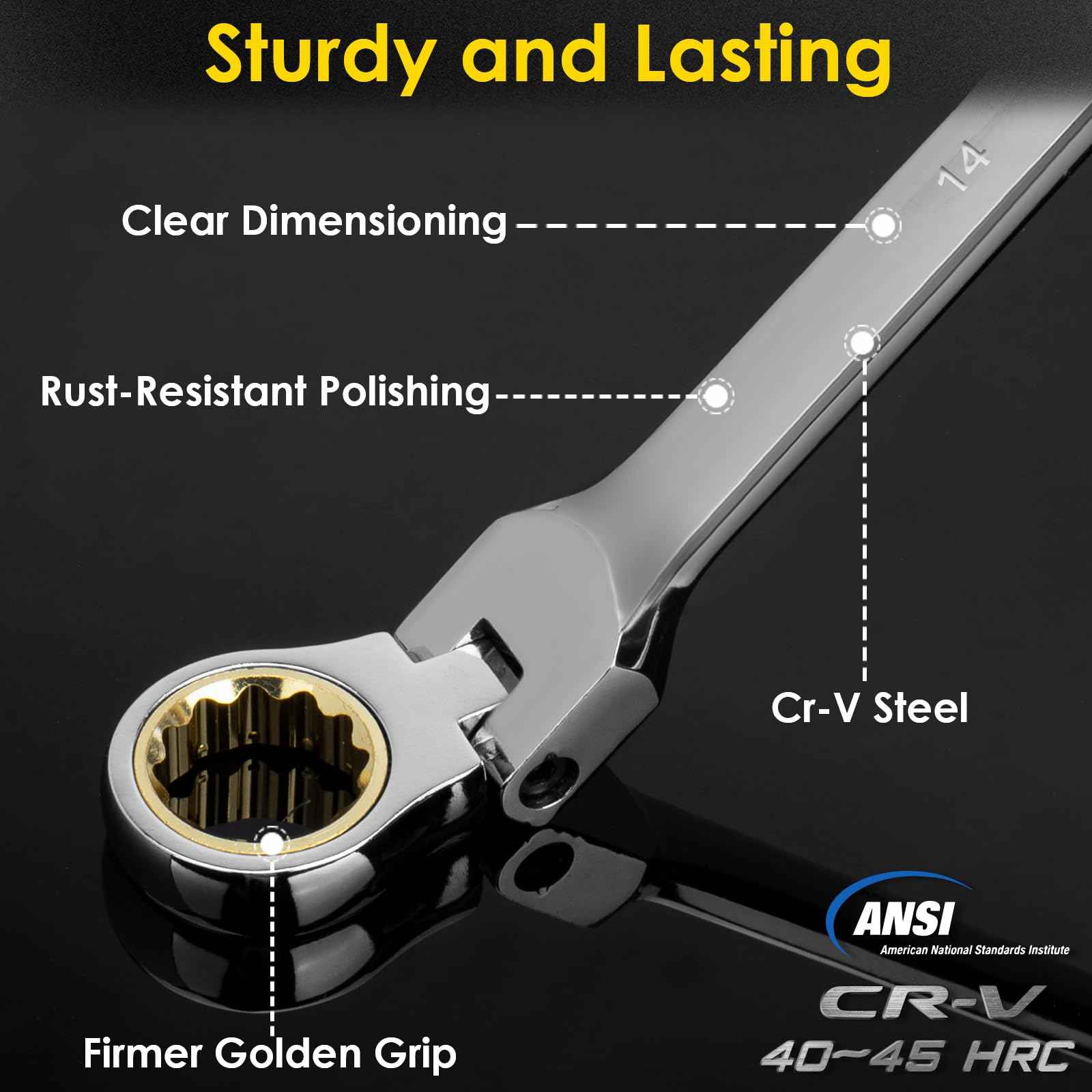 YIYEIE 14 * 15 mm Extra Long Flex-Head Ratcheting Wrench, Metric, 72-Tooth Double Box End Long Handle Ratchet Wrench, CR-V Steel with Mirror Finish Labor-Saving Spanner