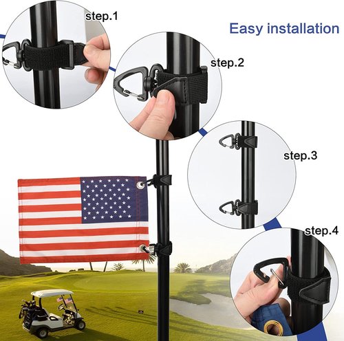 Motain Easy Installation Golf Cart Flag Holder,2 Pack Elastic Strap Bracket with 6 * 9'' American Flag,Golf Cart Accessories