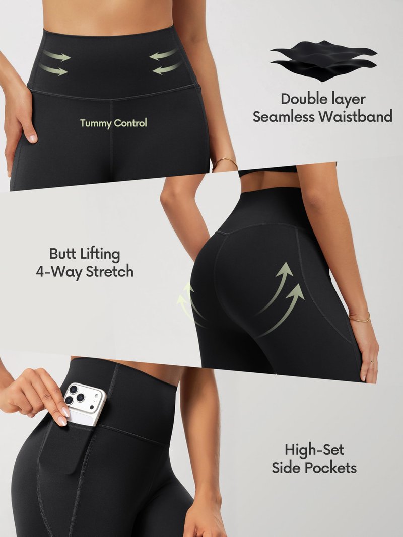 ODODOS Tummy Control 7/8 Compression Leggings for Women 25" High Waist Workout Yoga Pants with High-Positioned Pockets, Black, Large