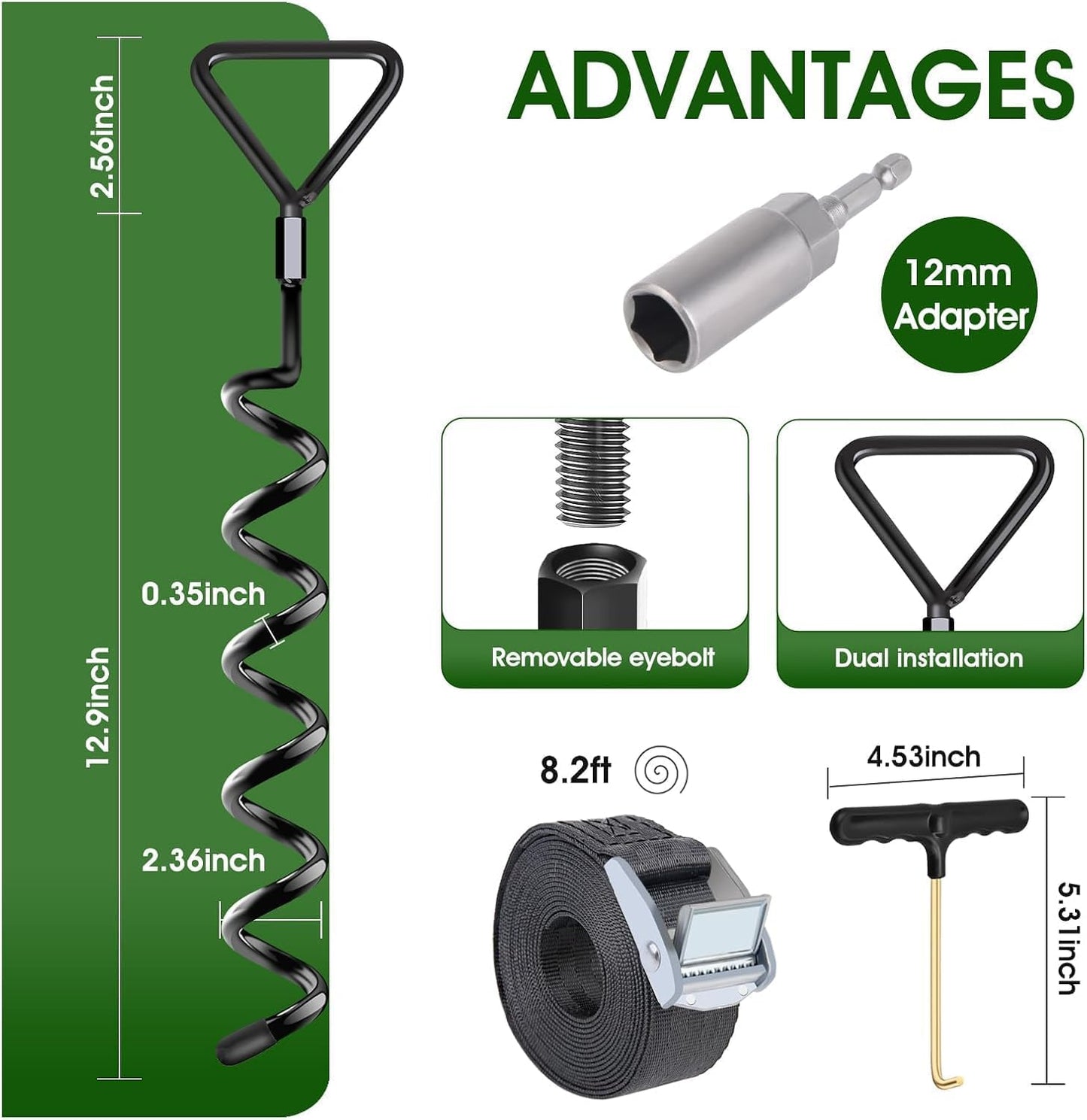 Skiennix Trampoline Ground Anchors - Heavy-Duty Screw-In Stakes with Strong Straps | Black, 6-Pack