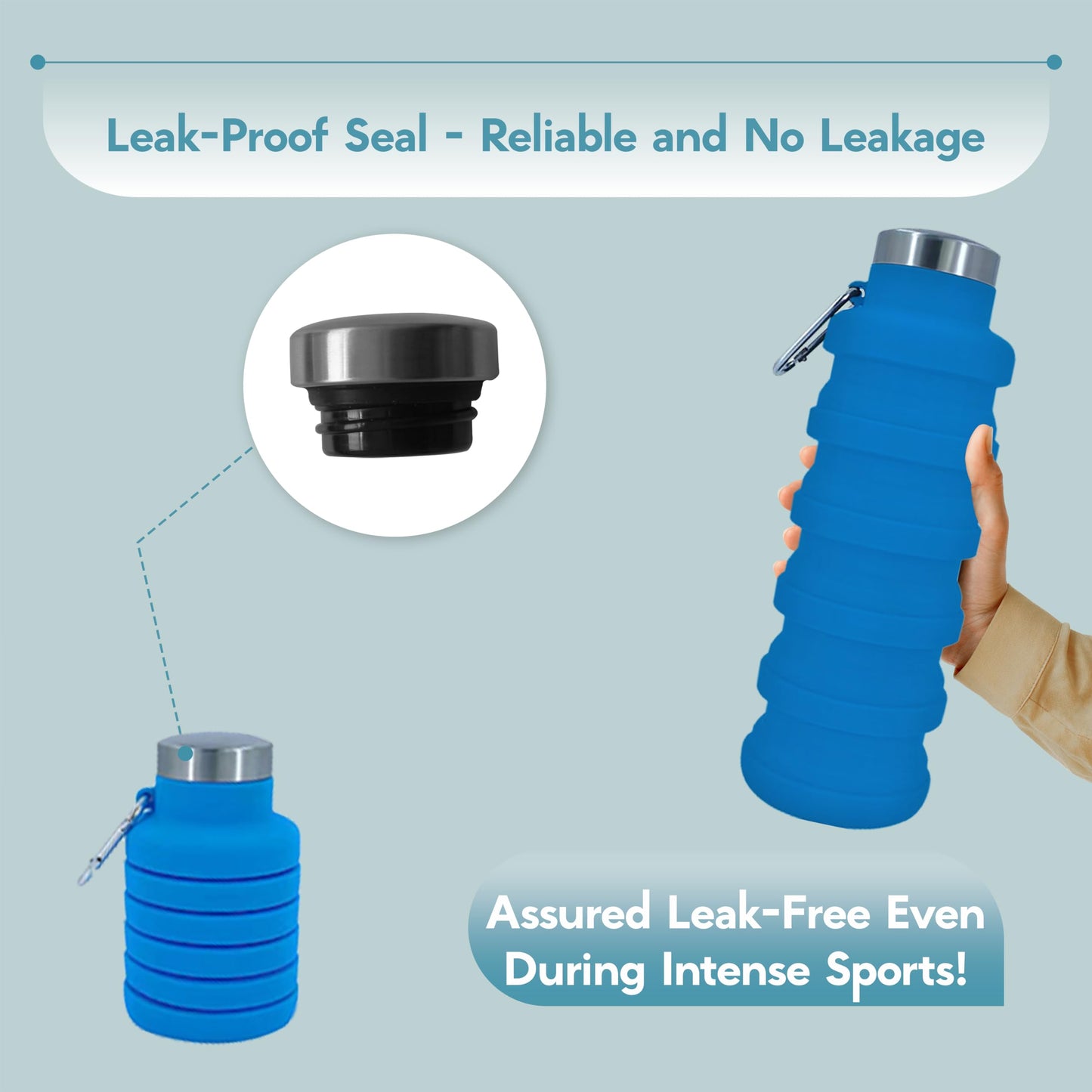 vadoworld Collapsible Water Bottles 17oz, Odorless BPA-Free Silicone, Leak-Proof Foldable Reusable Bottle - Perfect for Travel Sports Gym Hiking Camping Cycling - Light Blue