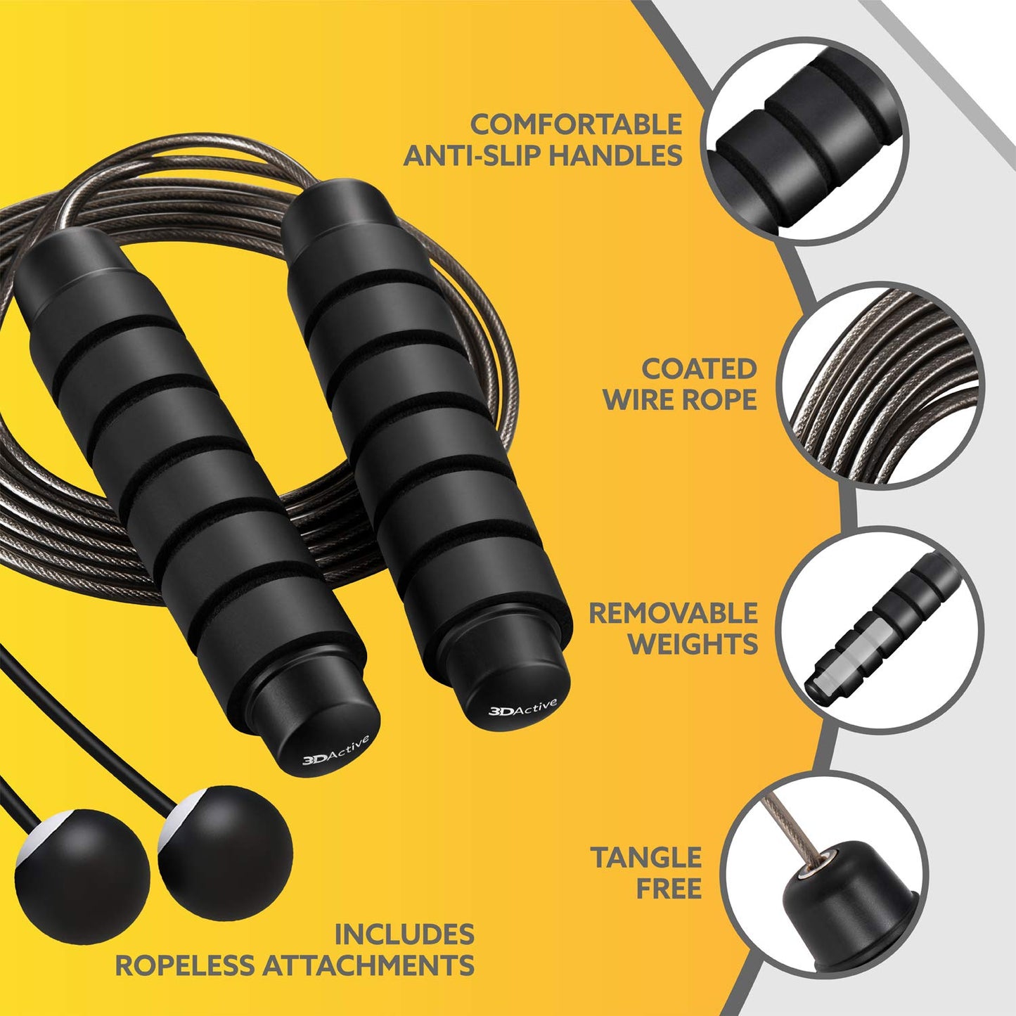 3DActive Jump Rope, Tangle-Free Adjustable Skipping Rope with Ball Bearings. Perfect for Home Workouts, Cardio Exercise & Burning Calories. Cordless Jump Rope, Handle Weights & Carry Bag Included - Black