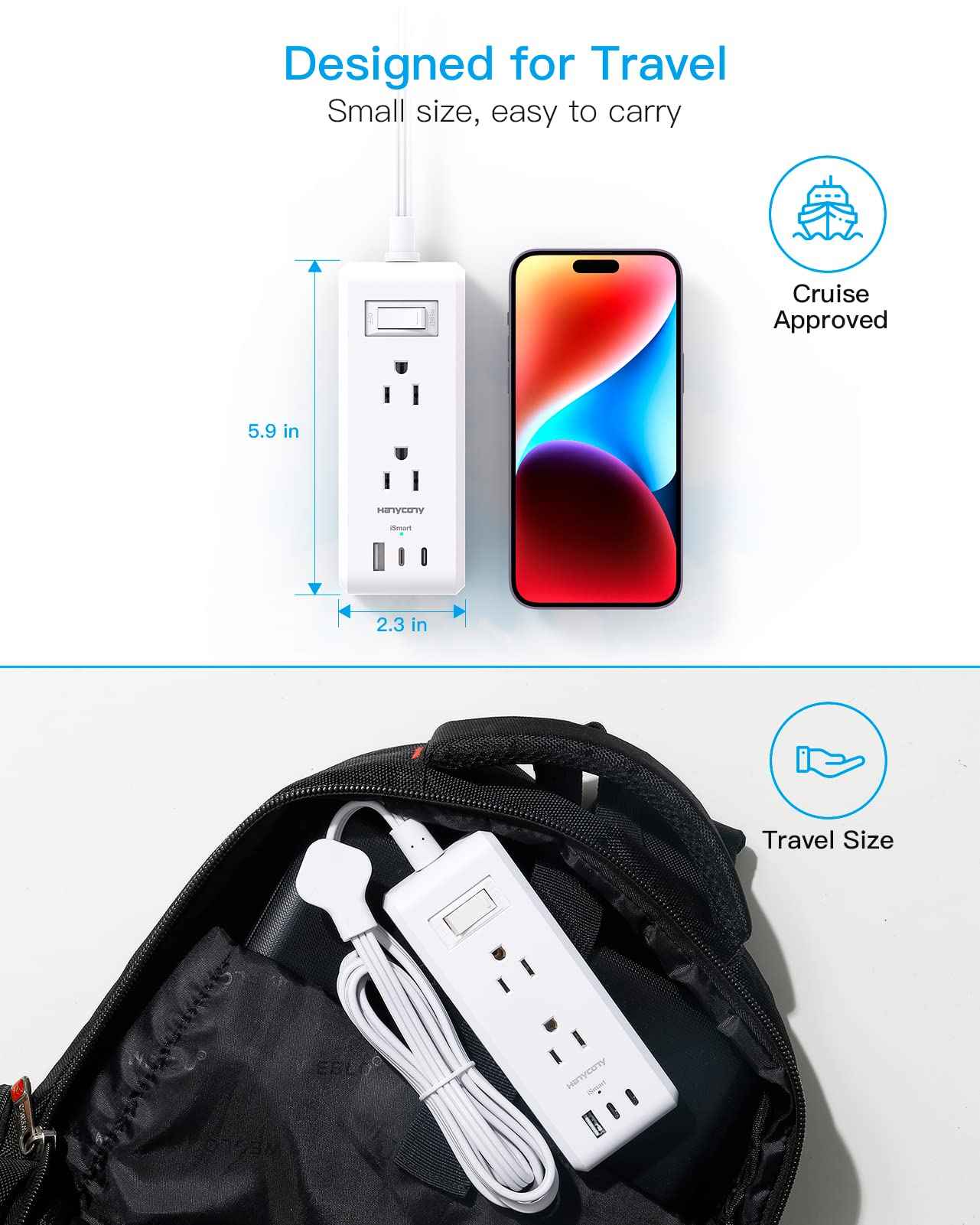 Extension Cord 10 ft, HANYCONY Flat Plug Power Strip with 6 Outlets and 3 USB Ports (2 USB C), Ultra-Thin Extension Cord, Wall Mountable, Long Cord for College Dorm Room, Office Home Essentials