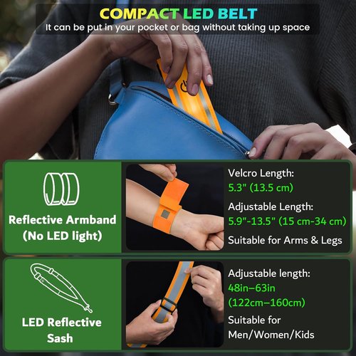Fokia Kunbio LED Reflective Running Gear - High Visibility Adjustable Belt & Armband for Night Safety