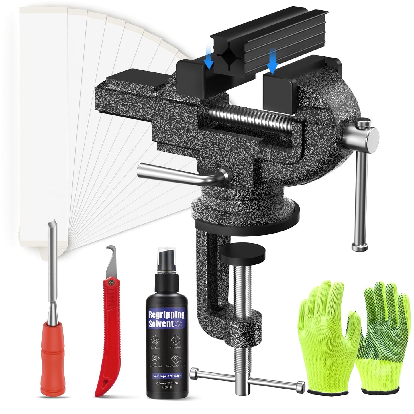 Golf Grip Kit for Regripping Golf Club, Golf Grip Removal Tool with Portable Vise Clamp, Solvent, 15 Double-Sided Tapes (2"x10"), Hook Knife & Tape Remover & Rubber Sleeve – DIY Golf Club Repair Kit