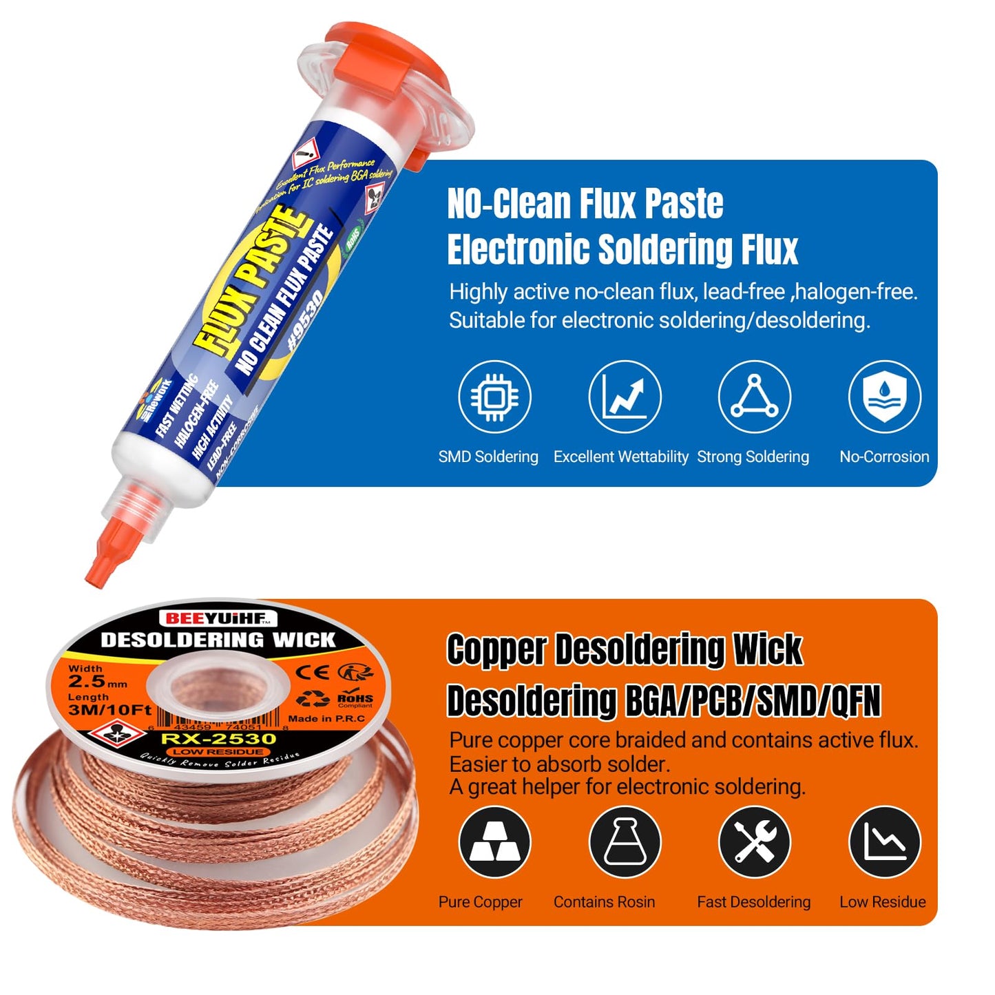 BEEYUIHF Electrical Soldering Flux Paste (10cc Syringe) with Desoldering wick Braid (3M/10ft 2.5mm) for Electronics Soldering Repairs Remover Kit