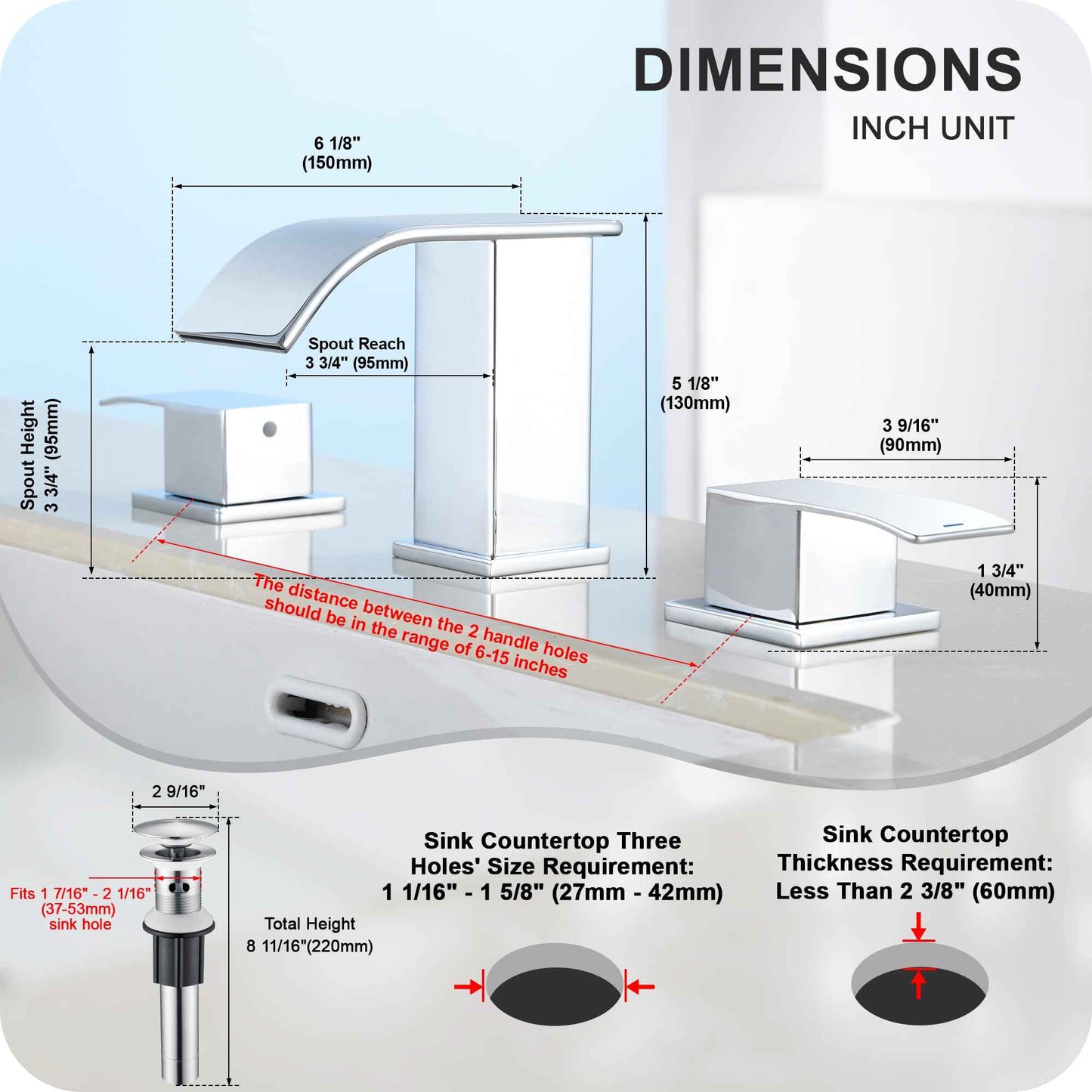 Patent No. : US D967,340 S, GAGALIFE 8 Inch Waterfall Bathroom Faucets for Sink 3 Hole - Chrome Bathroom Faucet with Pop-up Drain, Widespread Bathroom Sink Faucet 2-Handles, Patent No. : US D967,340 S