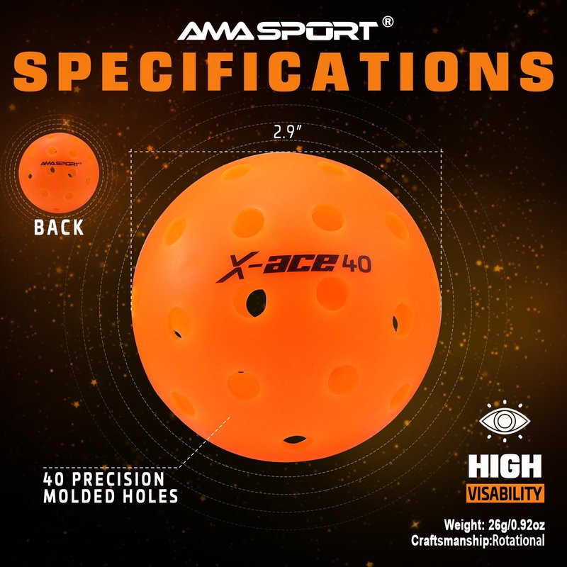 AMA SPORT Outdoor Pickleball Balls 40 Holes Durable Pickle Balls High Visibility and Bounce Practice Pickle Ball for All Style Pickleball Paddles & All Court (Orange 12 Pack)