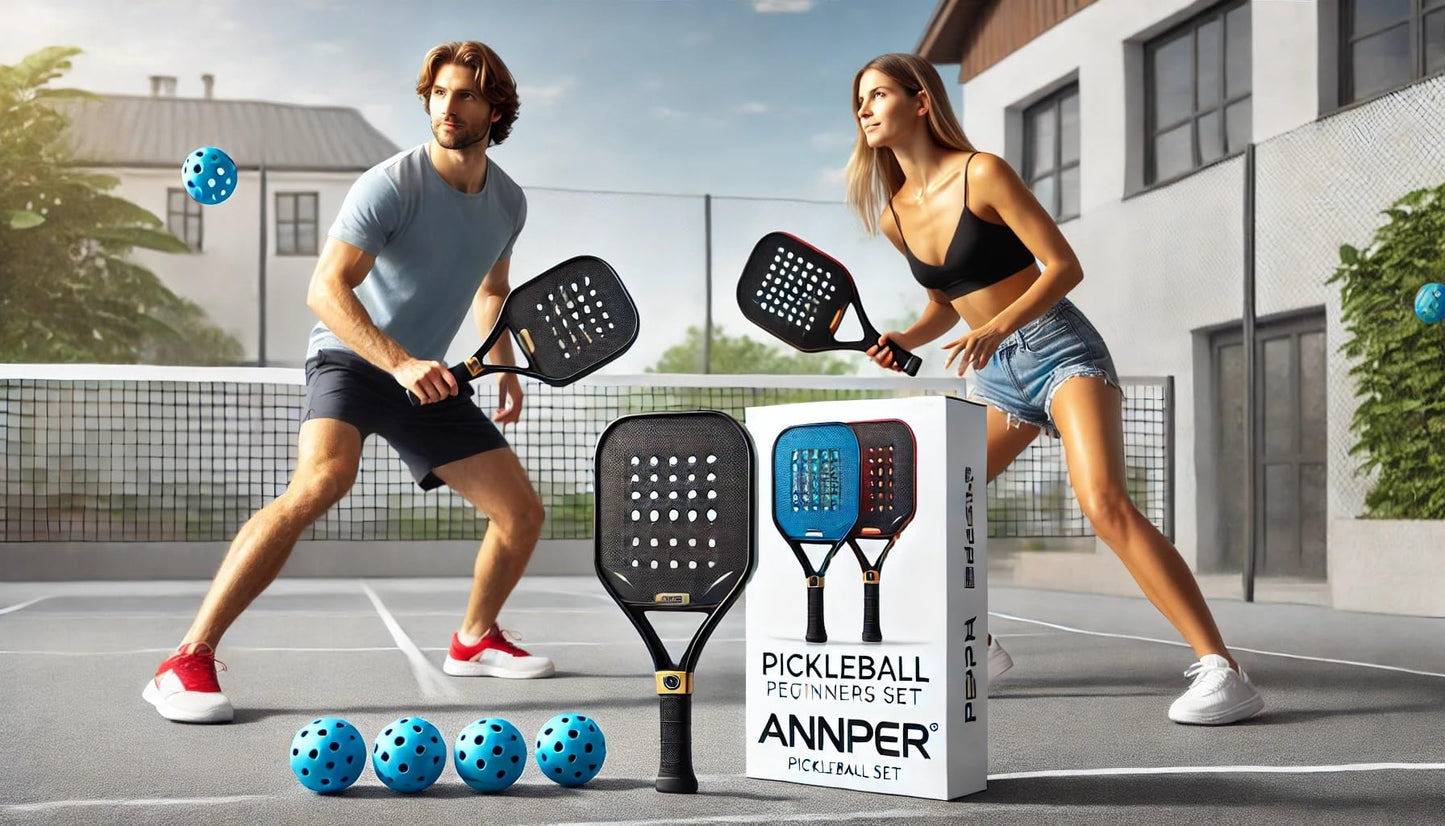 ANNPER Pickleball Paddle Set - 2 Carbon Fiber Blue Paddles, 4 Outdoor Balls | Lightweight & Durable for Beginners & Advanced Players | Premium Performance Gear(CarbonFiber Blue)