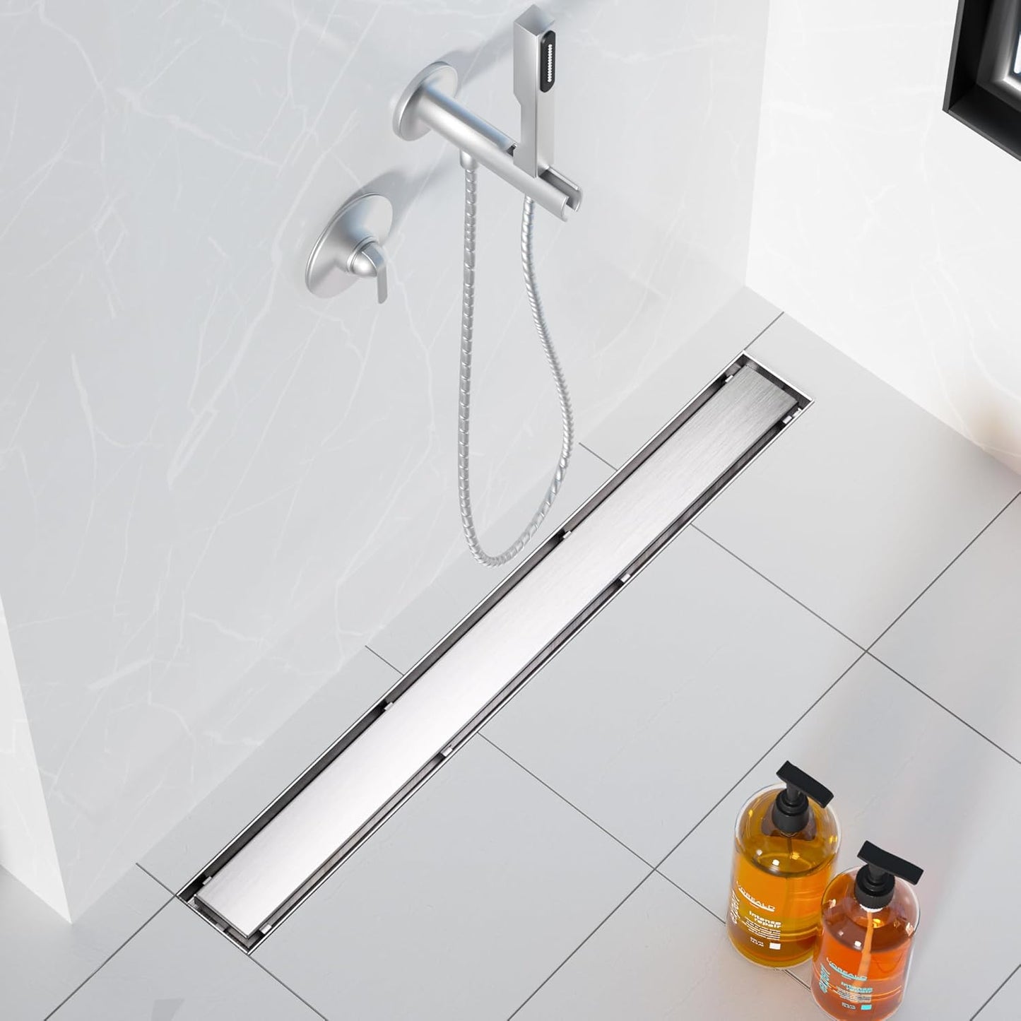 Neodrain 18-Inch Gold Linear Shower Drain - Brushed Brass, Tile Insert Cover & Hair Strainer