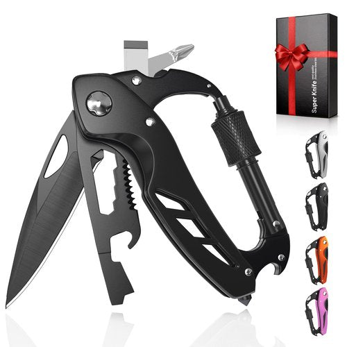 9 in 1 Multitool Carabiner with Pocket Knife, Stocking Stuffers Gifts for Men, EDC Carabiners with Folding Knives, Bottle Opener, Window Breaker and Screwdriver, Survival Gear for Camping Hiking