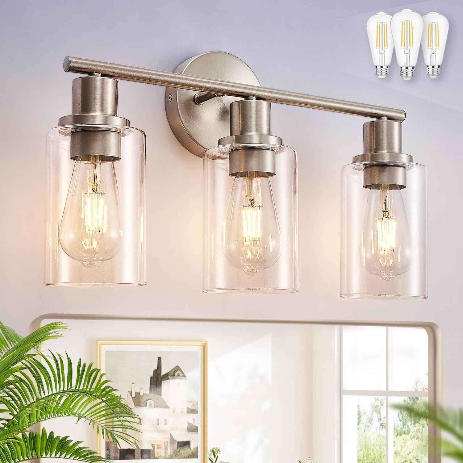 Modern Black 3-Light Bathroom Vanity Light Fixtures with Clear Glass Shades - 2 Pack