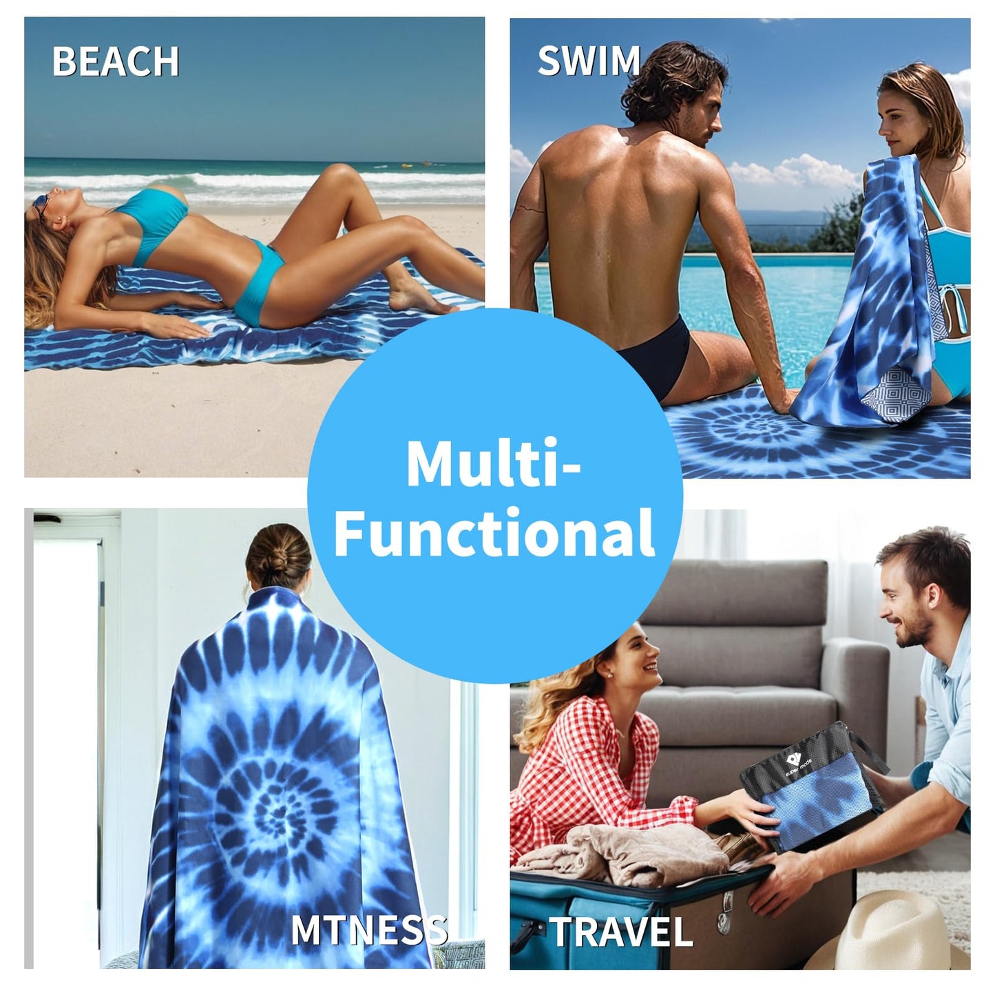 2 Pack Microfiber Beach Towel, Blue and Blue Oversized Pool Towel 75”x 35”, Sand-Free Quick Drying Camping Super Absorbent Bath Blanket, Soft Breathable and Lightweight