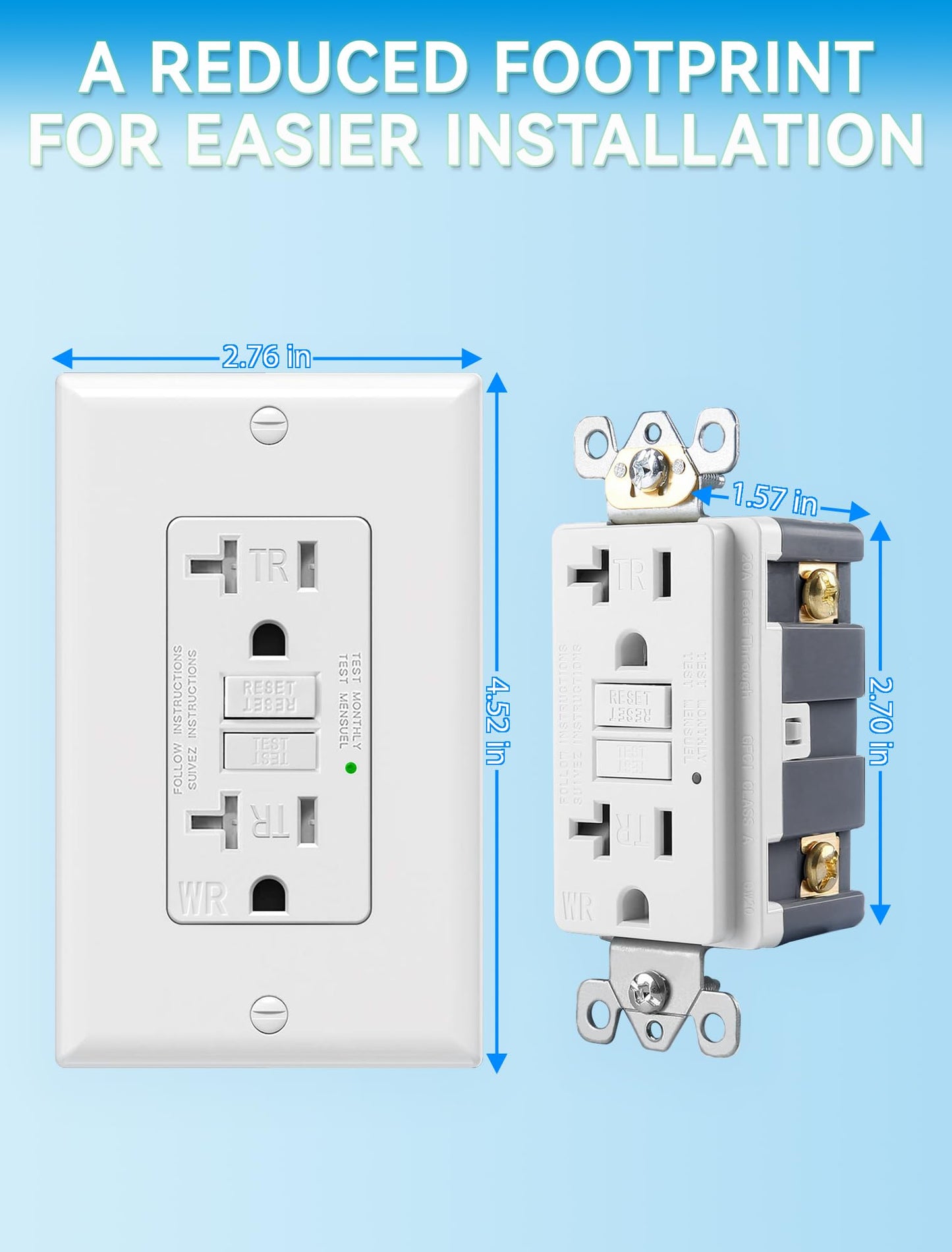 2-Pack 20 Amp GFI Electrical GFCI Outlet Self-Test Tamper Resistant (TR) Weather Resistant (WR) Ground Fault Receptacle with LED Indicator UL Listed Standard Wall Plate Included White