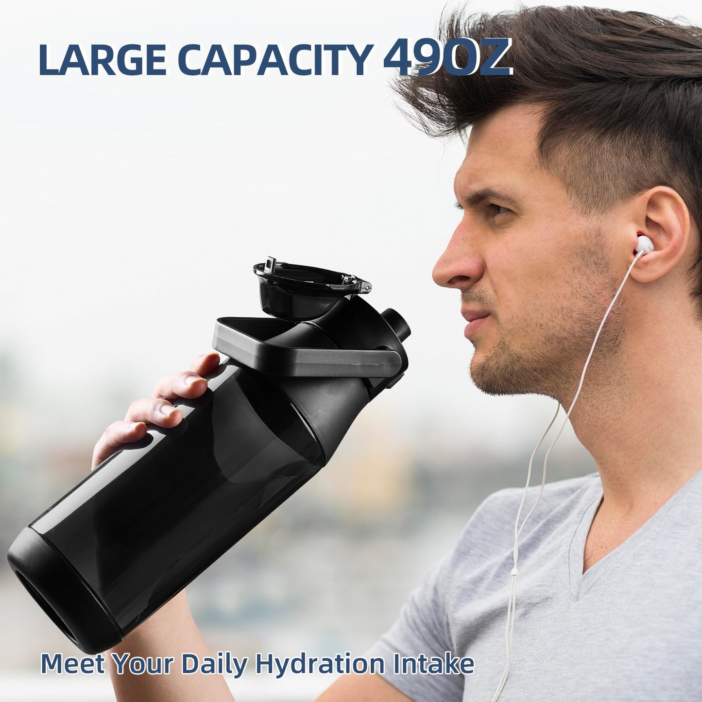 Mungoone 49oz Motivational Sports Water Bottle with Handle - Tritan, BPA Free, Leakproof, Wide Mouth, Fast-Flow Spout Lid for Gym, School, Office, Travel