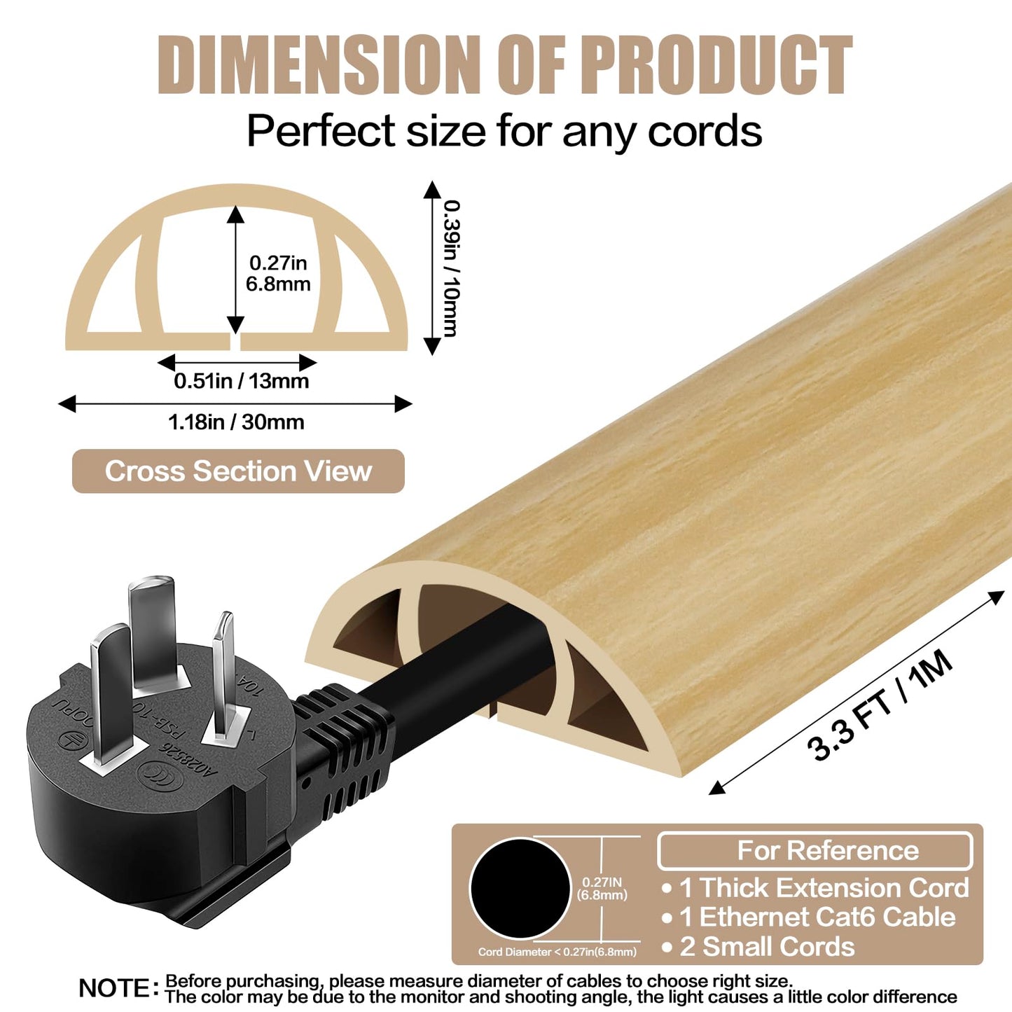 Floor Cord Cover Self Adhesive Cord Hider,3.3FT Cable Management, Extension Strip Protector for Wires, Prevent Cable Trips for Offices, Gyms, Exhibitions Cavity:0.39"(W) x0.27(H) WoodLightyellow