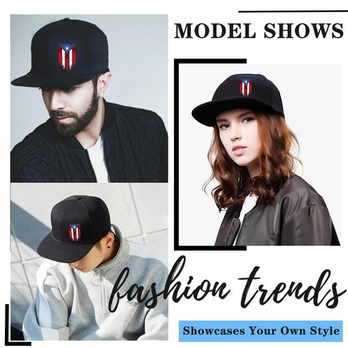 Snapback Hats for Men Women Flat Bill Hats Mens Puerto Rico Flag Hat Black Fitted Baseball Hat for Men Adjustable Hip Hop Cool Trucker Caps Workout Dad Patriotic Skateboard Accessories Gifts