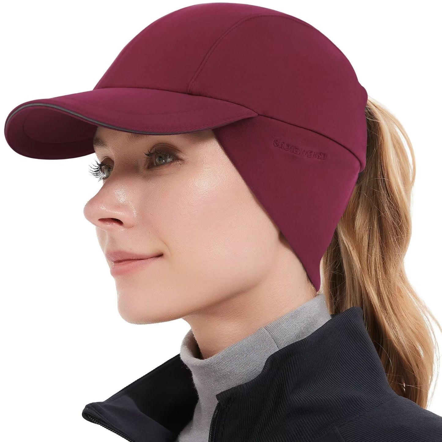 GADIEMKENSD Winter Fleece Hats Reflective Ponytail Hat for Women Baseball Caps with Earflap Drop Down Ear Warmer Mens Skull Cap Beanie with Visor Cold Hat for Outdoor Hiking Running Snow Ski Wine Red