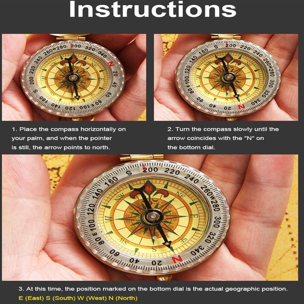 Skiennix Camping Survival Compass - Glow in The Dark Waterproof Vintage Metal | Small Golden Pocket Compass for Kids