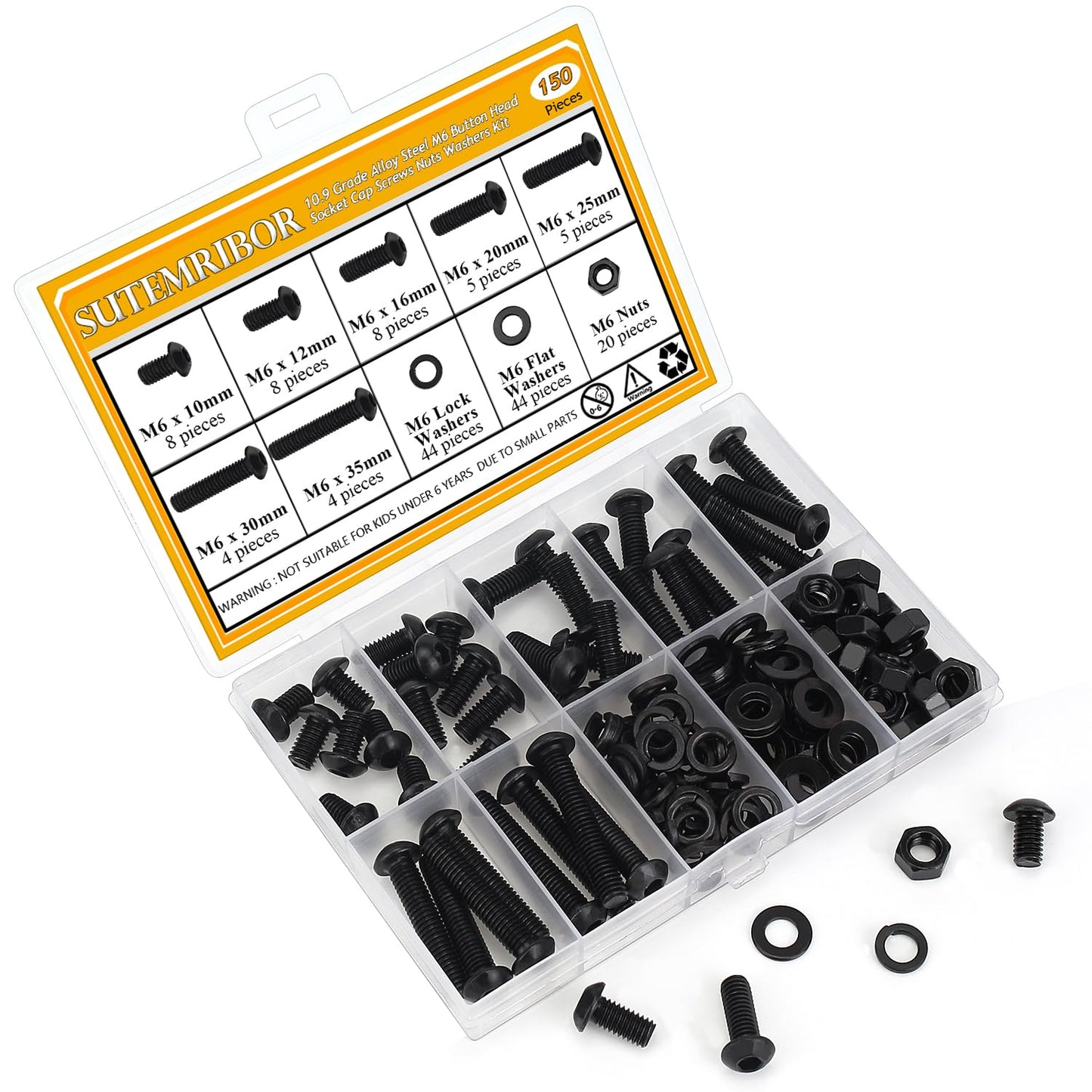 150 Pieces M6 Screws Nuts Washers Set Black, Sutemribor M6 x 10/12/16/20/25/30/35mm Button Head Socket Cap Screws Nuts Washers Assortment Kit, 10.9 Grade Alloy Steel, Fully Threaded