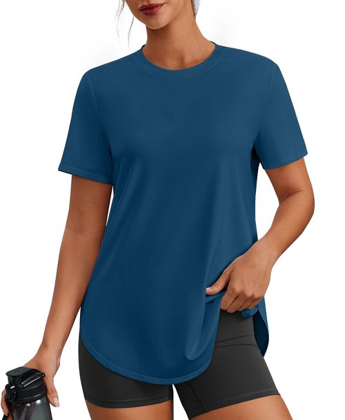 PINSPARK Running Shirts Women Short Sleeve Athletic Shirts UV Protection Quick Dry Workout Tops Lightweight Yoga Top Activewear, Dark Blue Large