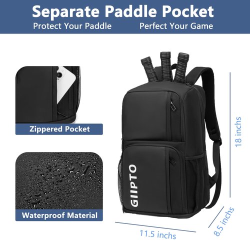 Giipto Pickleball Bag for Women Large Pickle Ball Backpack for Men with Shoe Compartment and Fence Hook Fits 4 to 6 Paddles Christmas Gifts (Black)