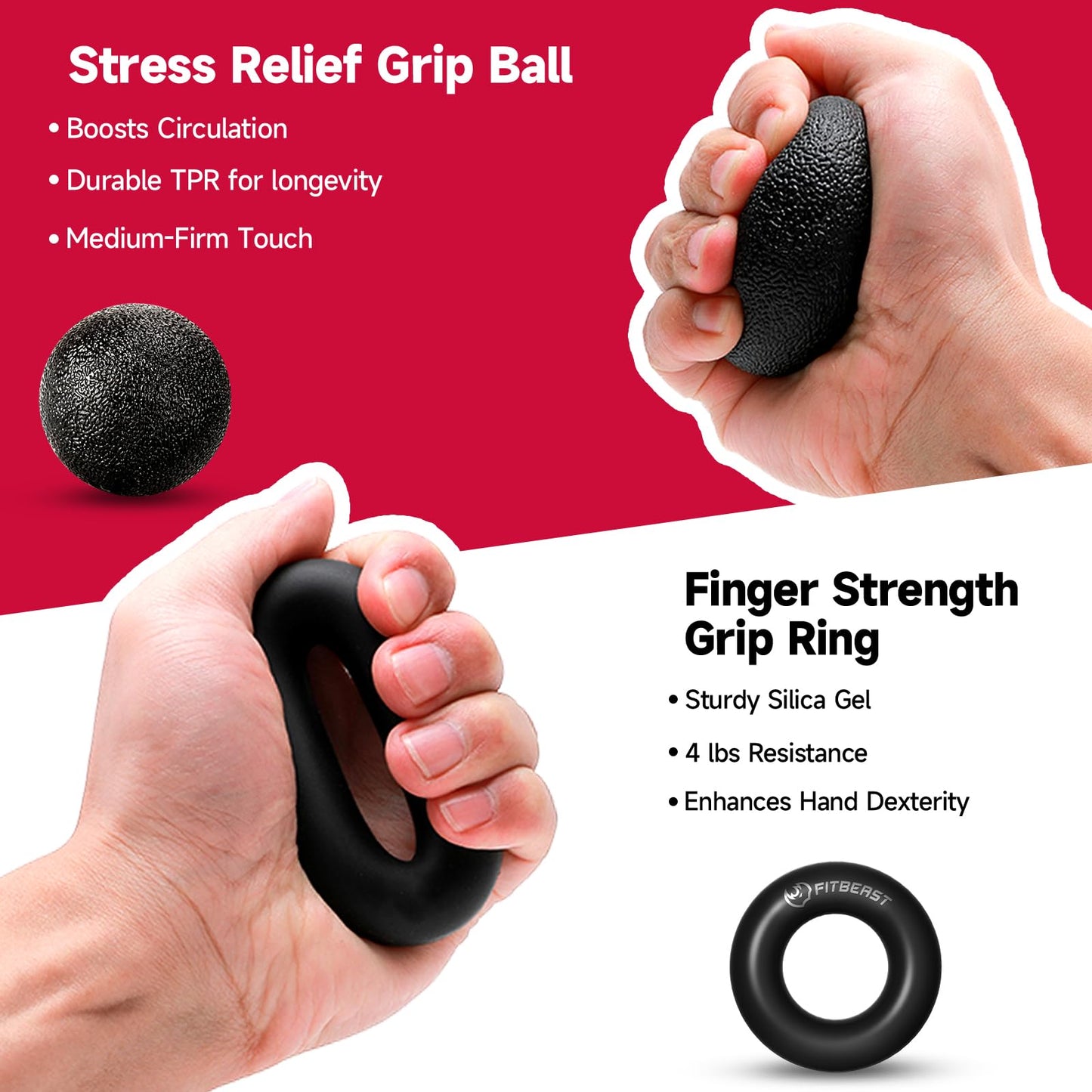 FitBeast Hand Grip Strengthener Workout Kit (5 Pack), 2 Forearm Grip Adjustable Resistance Hand Gripper, Finger Stretcher, Grip Ring & Stress Relief Grip Ball for Athletes, Black