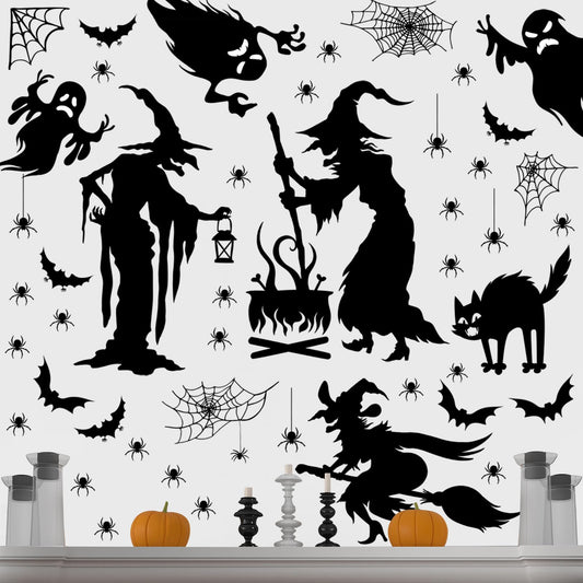 Cholemy Halloween Wall Decals - 4 Sheets, 35.4 x 11.8 Inch Large Witch Spider Bat Pumpkin Stickers, Removable Clings for Home Party Decor Supplies