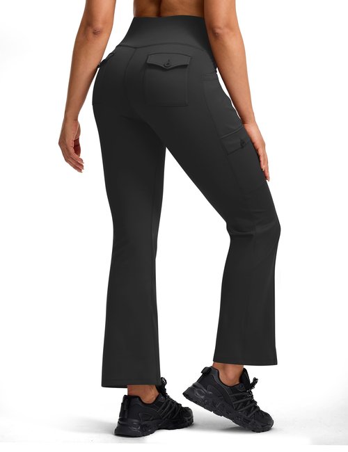 ISEEGZ Women's Hiking Pants Fleece Lined High Waisted Thermal Flare Leggings for Women 6 Pockets Outdoor Travel Casual A-Black