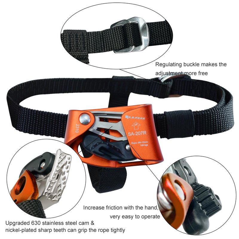 S.E.PEAK Foot Ascender Upgraded Foot Riser 140kgs Strong Rappelling Gear Equipment for Rock Climbing Tree Arborist, Climbing Rescue Caving, Mountaineering, 8~13MM Rope, Right Foot, 4kN, Orange
