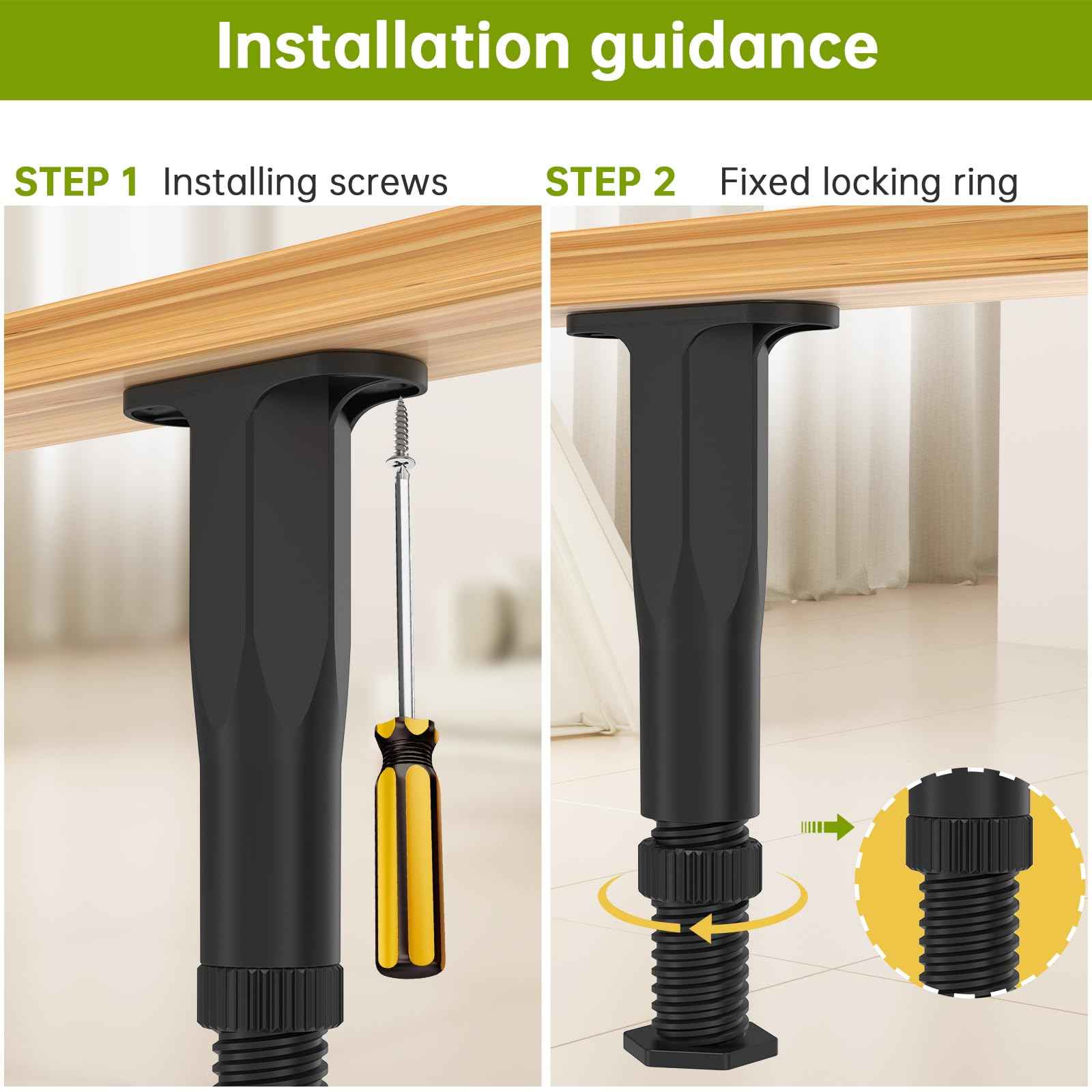 Yuleimy Adjustable Height Bed Support Legs, 4 PCS (8.3-14.5 Inch) Plastic Center Support Legs for Queen King Bed Frame & Slats, Non-Scratch Floor Protectors, Quiet Bed/Furniture Leg Replacement Kit