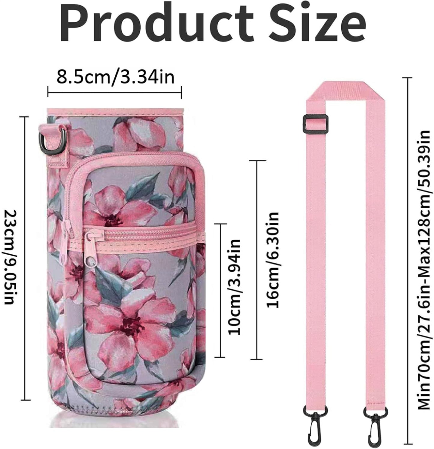 32/40 oz Water Bottle Holder with Strap, 40 oz Insulated Water Bottle Sling Bag Crossbody, Water Bottle Carrier Bag with Phone Pocket for Walking Hiking Camping Fishing(3.34"W * 9.05"H) (Flower Pink)