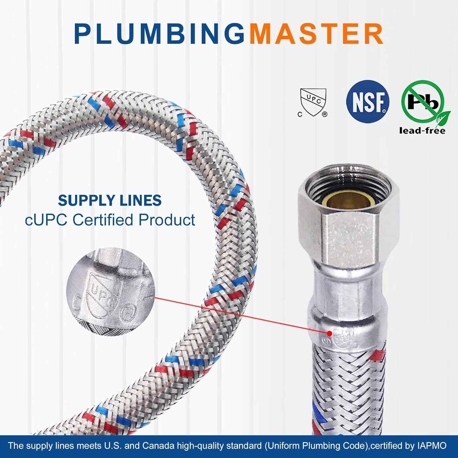 PLUMBINGMSTER 72" Faucet Hose Connector, 3/8" Comp x 1/2" FIP Braided Stainless Steel Faucet Water Supply Lines for Bathroom Kitchen Sink Faucet 2Pcs
