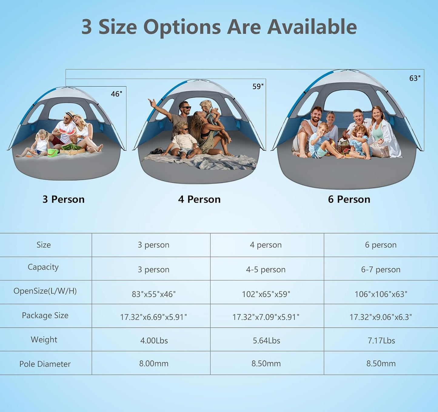 NXONE Beach Tent - UPF 50+ UV Protection, Lightweight & Portable Canopy for Family - Fits 3-6 People