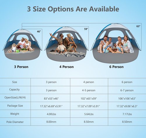 NXONE Beach Tent Sun Shade Shelter for 4 Person with UV Protection, Extended Floor, 3 Mesh Roll Up Windows & 8.5mm Fiberglass Rods丨Carry Bag Included (Blue White)