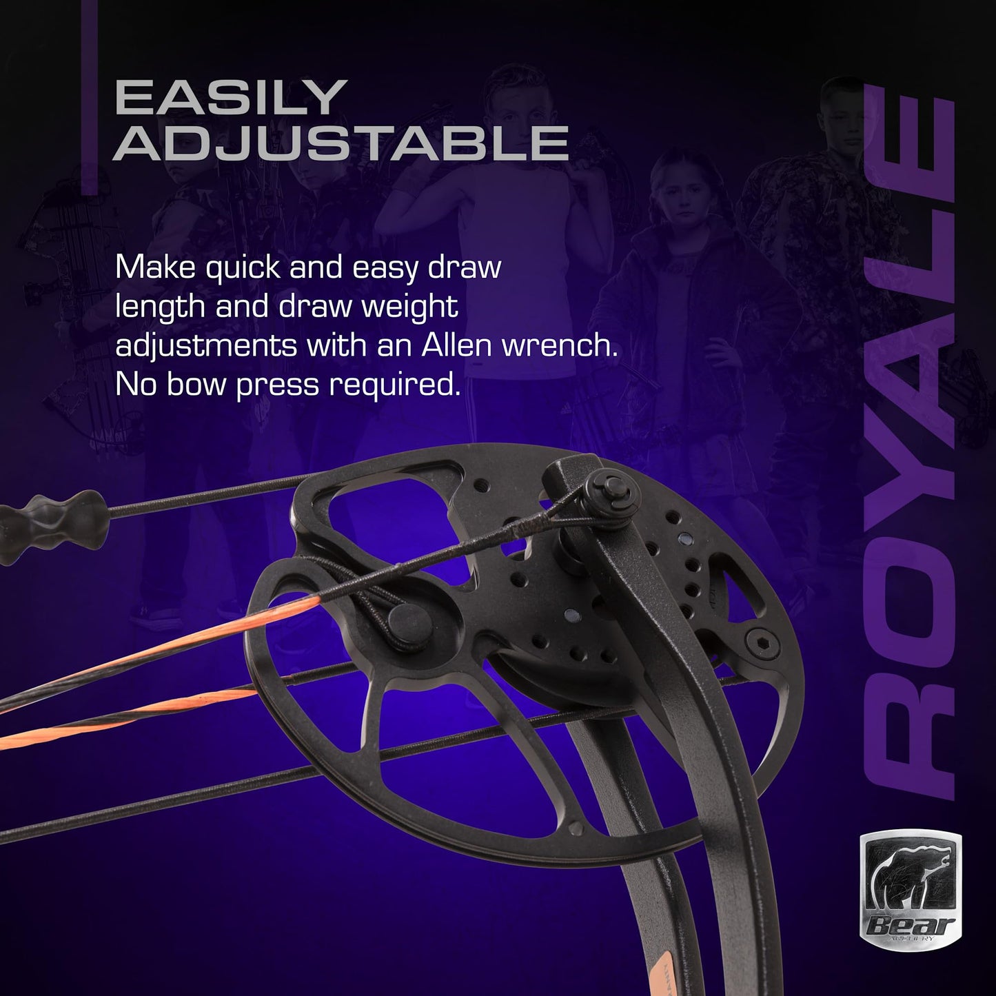 Bear Archery Royale RTH Compound Bow, Ready-to-Hunt Package, Right Handed Archers, 27" Bow, Adjustable Draw Weight 5-50lbs, Adjustable Draw Length 12"-27", True Timber Strata