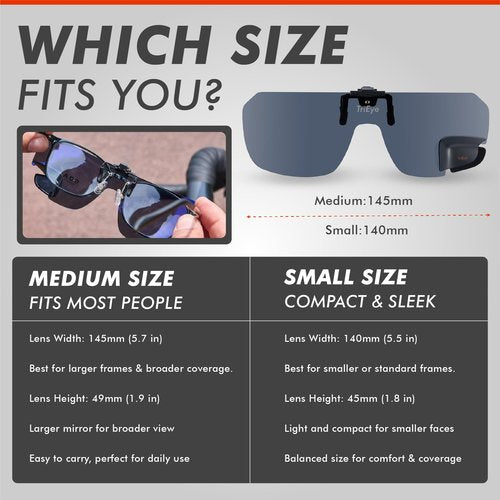 TriEye View Clip On Sunglasses with Rear View Mirror – Clip On Sunglasses Over Prescription Glasses, Flip Up Cycling Eyewear for Men & Women – Polarized Smoke, 145mm Fit