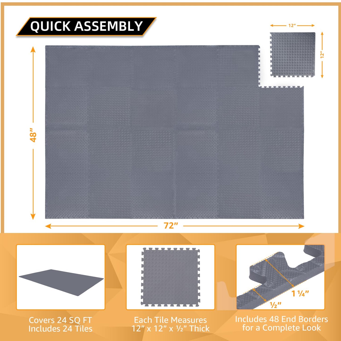 48 Pack - 1/2" Extra Thick Floor Exercise Mat for Home Gym Floor Padding for Kids - High-Density EVA Interlocking Foam Floor Tiles for Gym Equipment, Play Area, Yoga, Cardio, Weights, MMA
