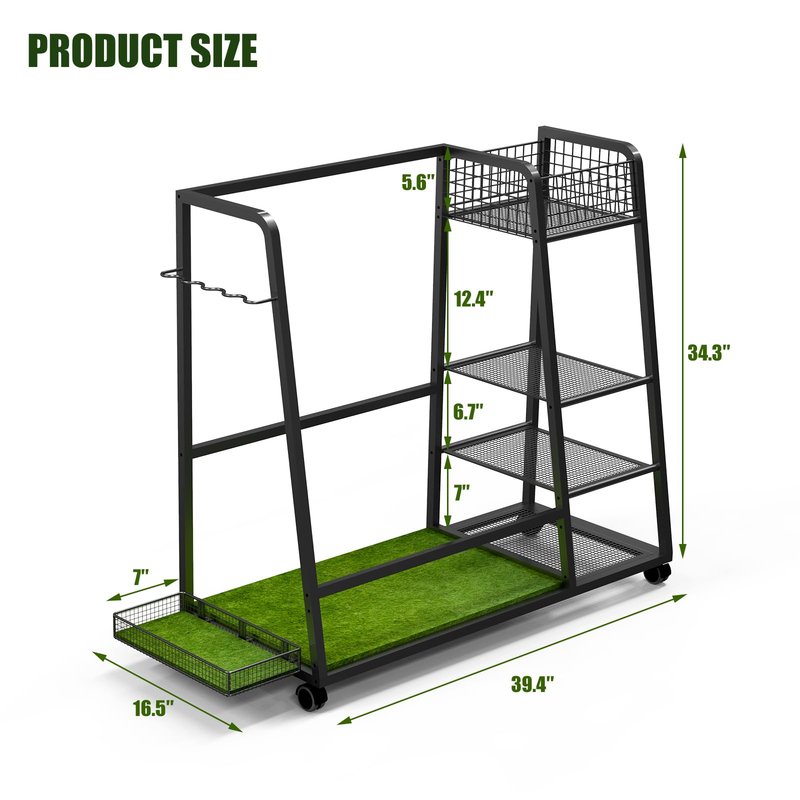 TooCust Golf Bag Storage Rack for Garage Fits 2 Bags, Heavy Duty Metal Golf Bag Organizer with Wheels, Freestanding Golf Club Rack for Equipment Accessories with Shelves & Protective Turf Mat